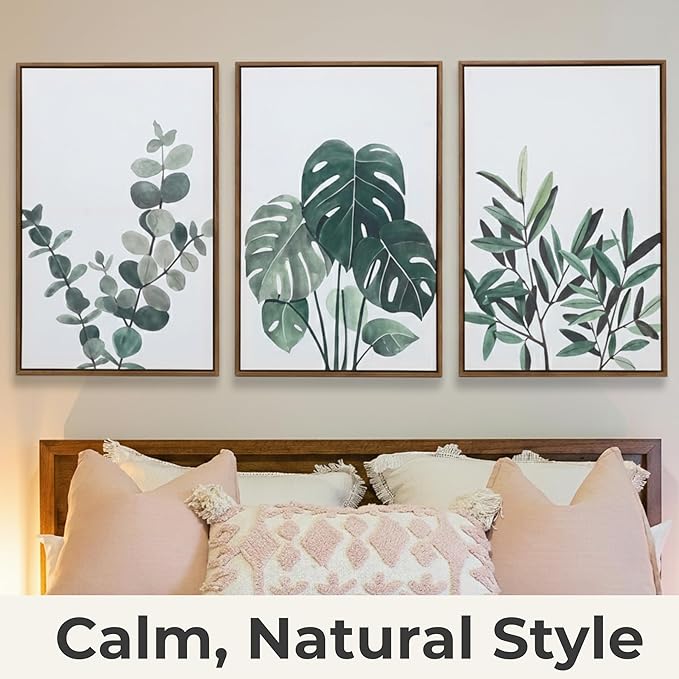 Sage Green Boho Framed Wall Art, Neutral Botanical Canvas Prints, Eucalyptus & - Image 3