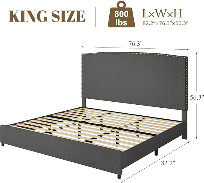 King Size Bed Frame and Headboard, Soft Boucle Fabric, No Box Spring Needed - Image 2