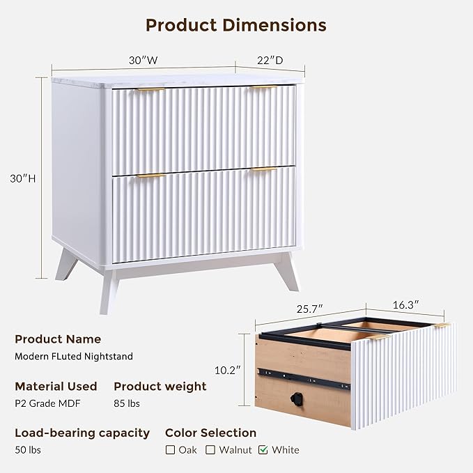 T4TREAM Fluted Night Stand Set 2, Modern Wood Side Tables Bedroom, End Table - Image 3