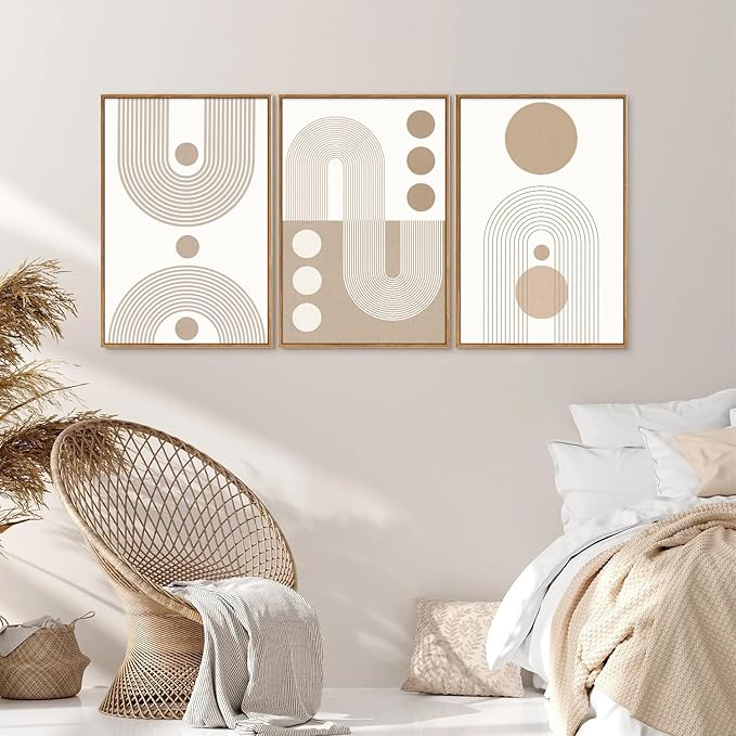 YeeHomedec Boho Beige Neutral Framed Canvas Wall Art, Mid Century Modern Wall - Image 4