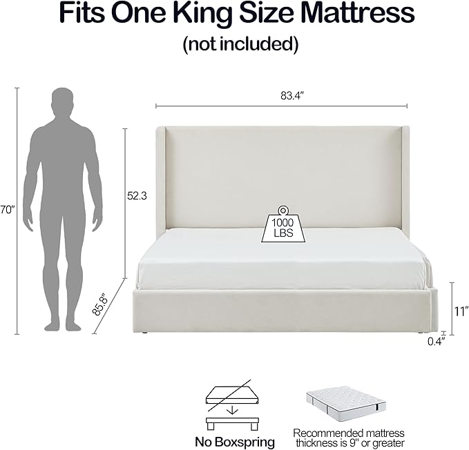 King Size Upholstered Bed Frame, 52.3" High Headboard Carmen Wingback Bed Frames - Image 2