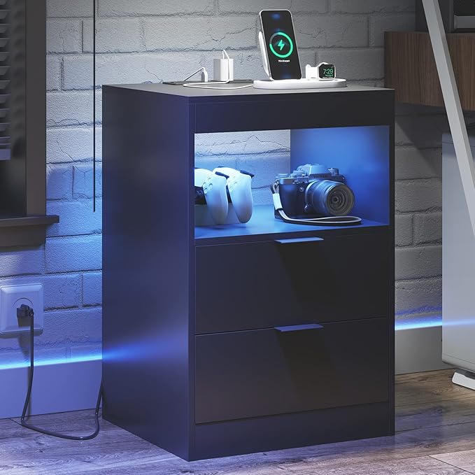 Tiptiper Black Nightstand with Wireless Charging Station and LED Lights - Image 2