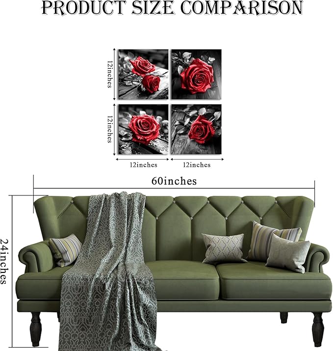 VANSEEING 4 Pieces Red and Black Rose Flower Canvas Wall Art Floral Pictures - Image 2