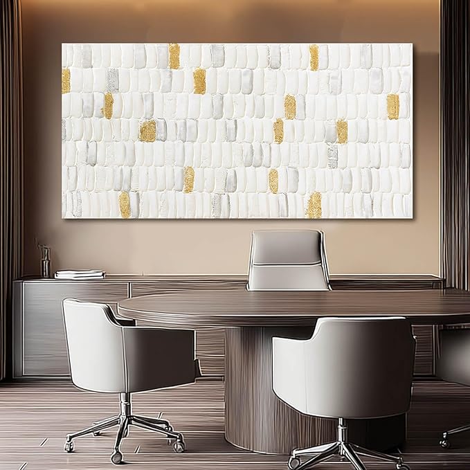 YETHEN WAL White and Gold Textured Abstract Wall Art, Minimalist Neutral Canvas - Image 2