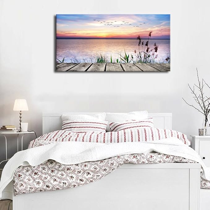 Canvas Wall Art Lake Dock Sunset Scenery Flying Birds Picture Large Beach - Image 7