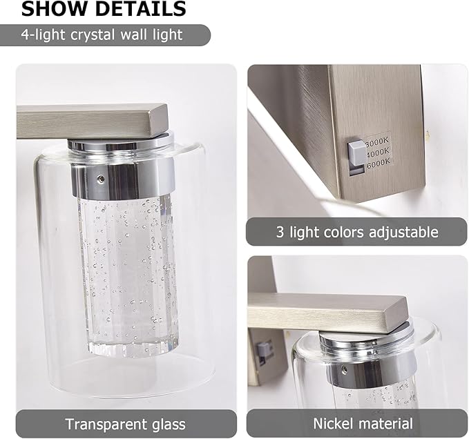 SADENICEL 4-Light Bathroom Light Fixtures, Brushed Nickel, Dimmable LED - Image 5