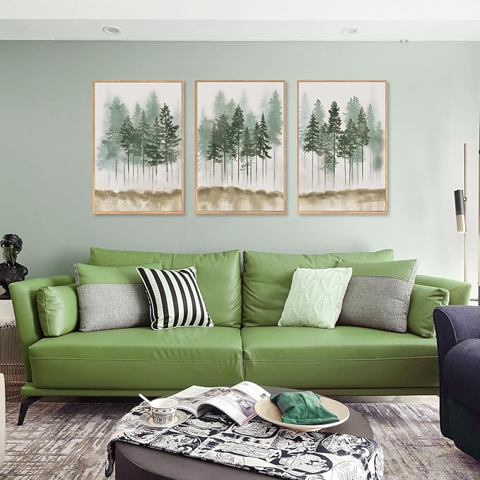LHIUEM Foggy Pine Tree Framed Canvas Wall Art, Abstract Green Forest Wall Decor - Image 4