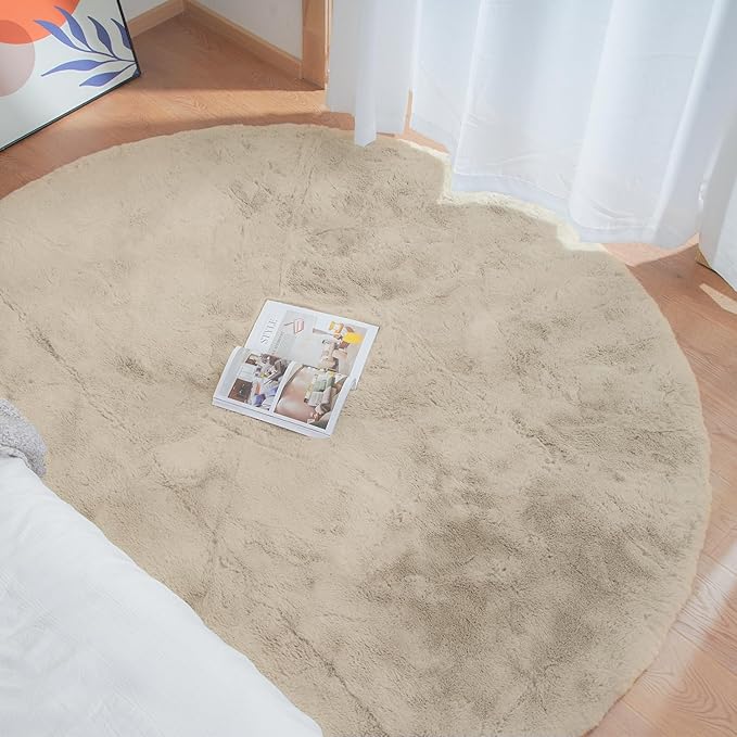Light Brown Beige Washable Shaggy Round Rug 5ft Faux Rabbit Fur Rugs - Image 2