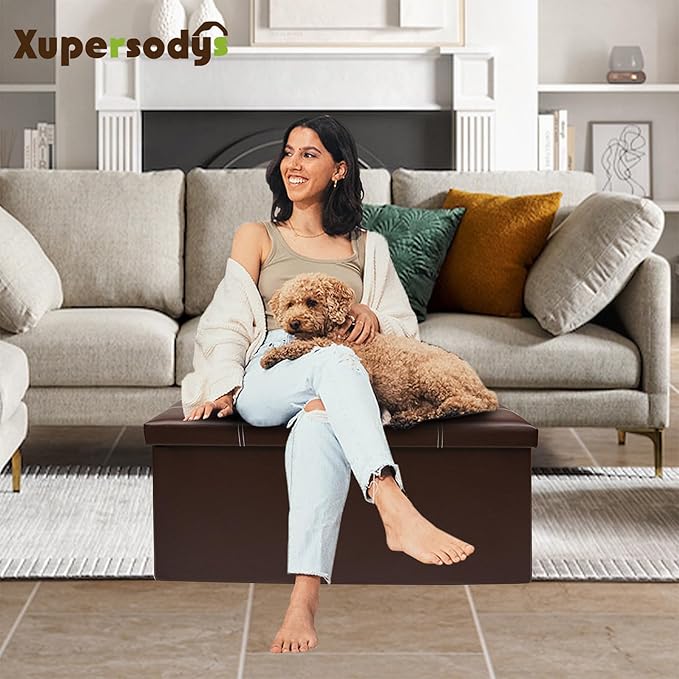 xupersodys 30 Inches Folding Storage Ottoman Bench, Faux Leather Footstool - Image 2
