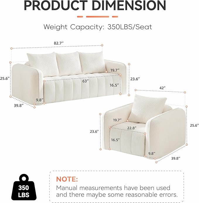Corduroy Boneless Living Room Sets, Modern Upholstered 3 Seater Sofa - Image 3