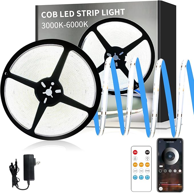 50FT COB LED Strip Lights 6000K White Dimmable DC 24V Flexible LED Tape Light by Yeewhale