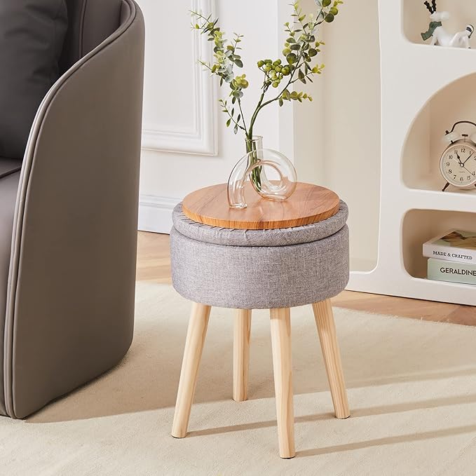 Mxfurhawa Storage Ottoman Linen Round Vanity Stool Tray Top Modern Foot Stool - Image 3