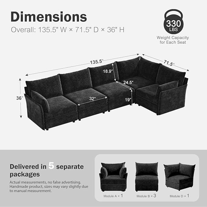 ABCASA 135.5" Oversized Modular Sectional Sofa, L Shaped Convertible Couch - Image 2