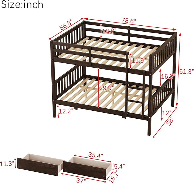 Full Over Full Bunk Bed with Storage Drawers, Convertible Bunk Beds with Ladder - Image 2