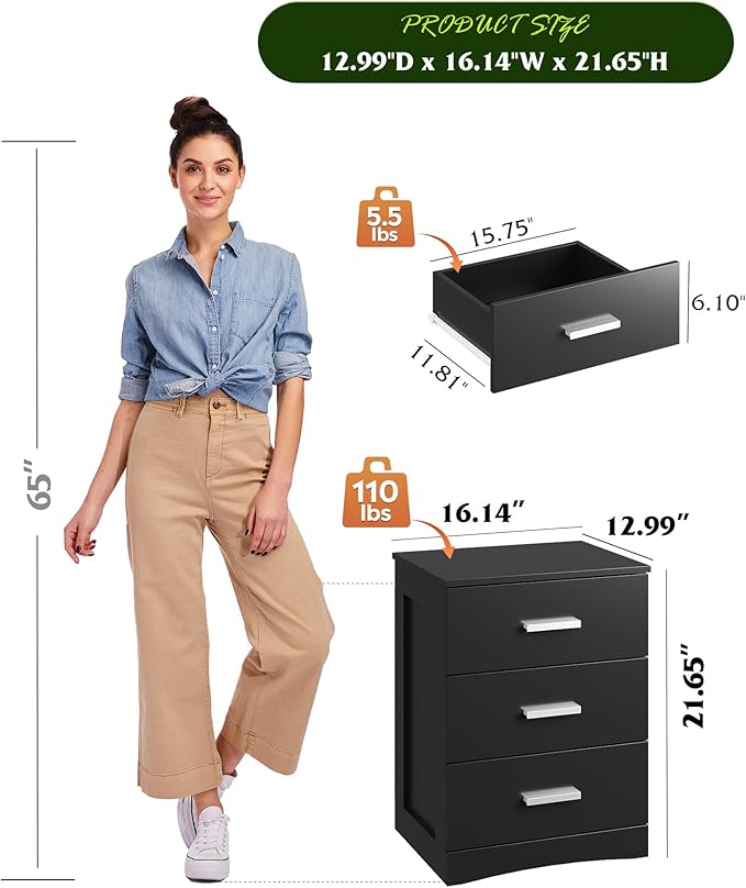 WLIVE Black Night Stand with 3 Drawers, Small Wooden Nightstand, Bed Side Table - Image 3