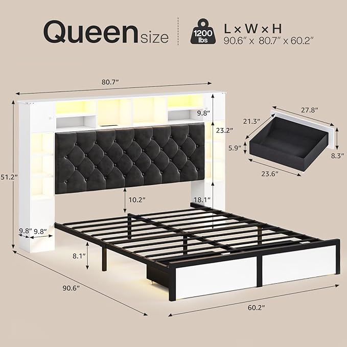 Queen Bed Frame with Bookcase Headboard and Storage Drawers, 51.2" Metal - Image 2