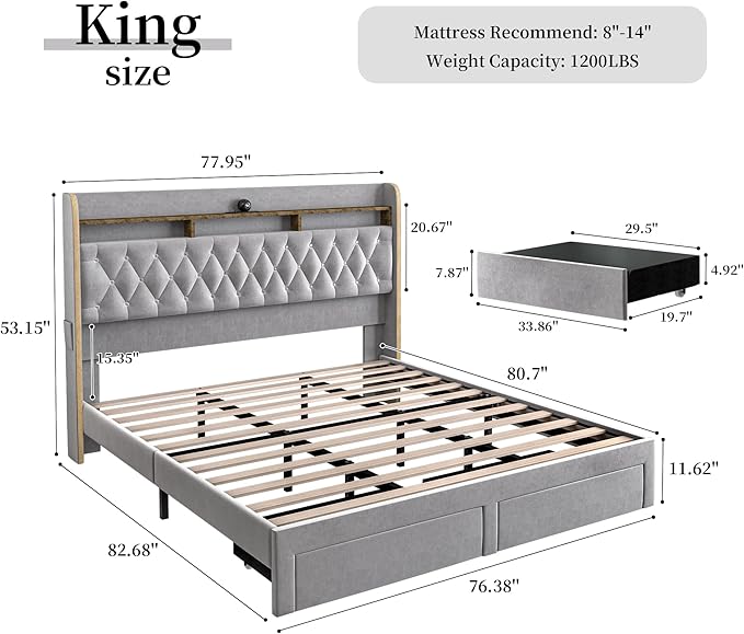 King LED Bed Frame with Storage Drawers, Velvet Upholstered Platform Beds with - Image 2