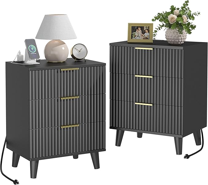 Lulive Wood Nightstand Set of 2 Fluted Dresser by Lulive