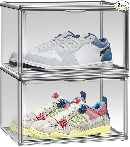 2 Pack Acrylic Shoe Box for Closet Clear Stackable Size 12 Shoe Storage Bins by DAYOOH