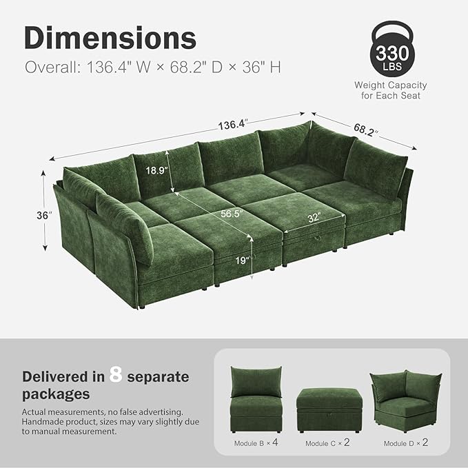 ABCASA 136.4" Oversized Modular Sectional Sleeper Sofa Bed, U Shaped - Image 2