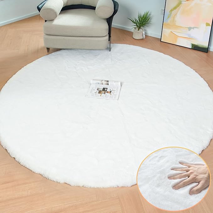 White Fluffy Round Rug 5ft for Bedroom Circle Faux Rabbit Washable Fur Area by ORINOVA