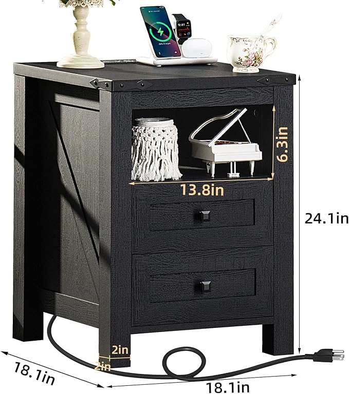 Joaxswe Night Stands with Charging Station Set of 2, Farmhouse Nightstand - Image 3