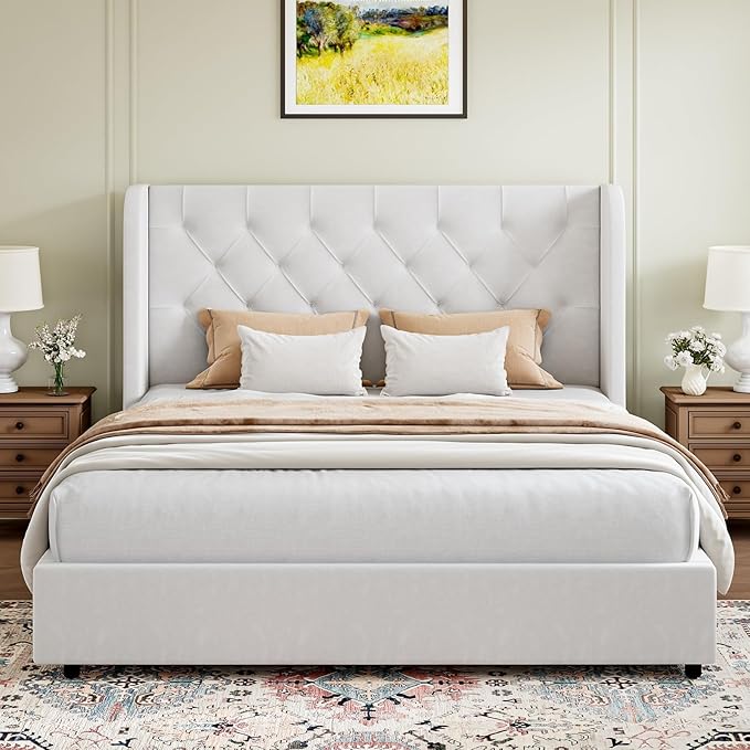 HOMBCK Full Size Bed Frame, Velvet Tufted, Curved Wingback Design, Wooden Slats - Image 3
