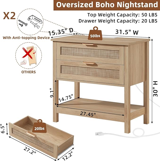 LEYAOYAO 31.5" Wide Rattan Night Stand - Image 2