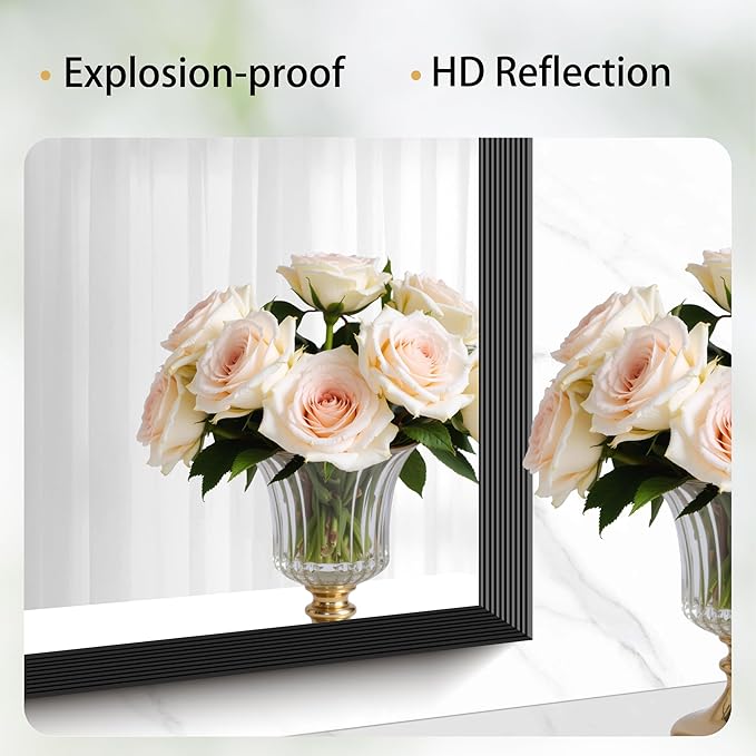 Black Bathroom Mirror 14 x 48 Inch Rectangle Wave Beveled - Image 4