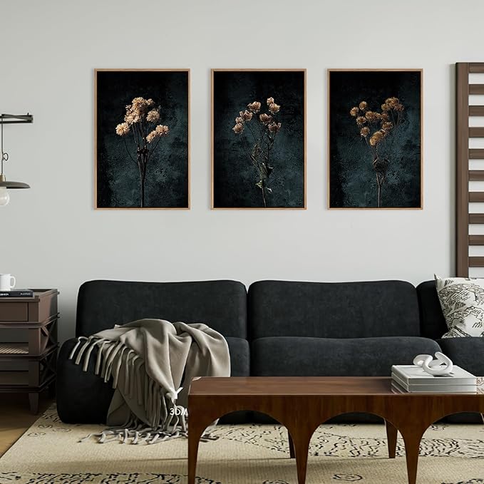 LHIUEM Dark Moody Wildflowers Framed Canvas Wall Art Set, Minimalist Wildflower - Image 2