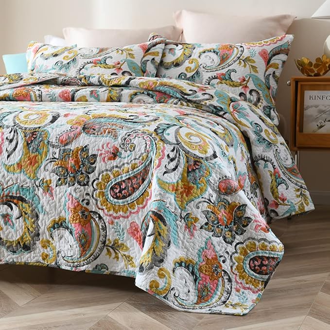 Cotton Bedspread Quilt Sets Reversible Bedding Coverlet Sets Comforter Paisley - Image 4