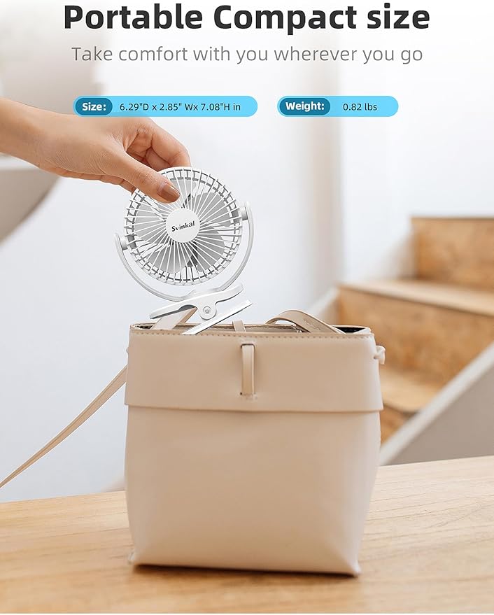 Svinkal usb Personal Clip on Fan 2400mAh Battery Operated 6in, Type C, 3 Speed - Image 5
