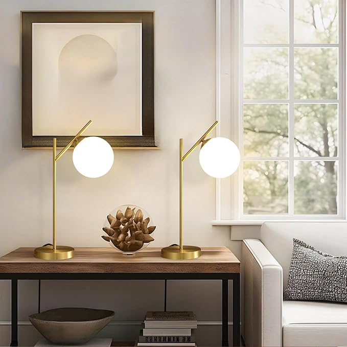 Mid Century Modern Table Lamp, 1 Light Brass Glass Globe Bedside Lamp, - Image 9