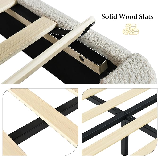 Full Size Bed Frame with Headboard, Soft Boucle Fabric, No Box Spring Needed - Image 7