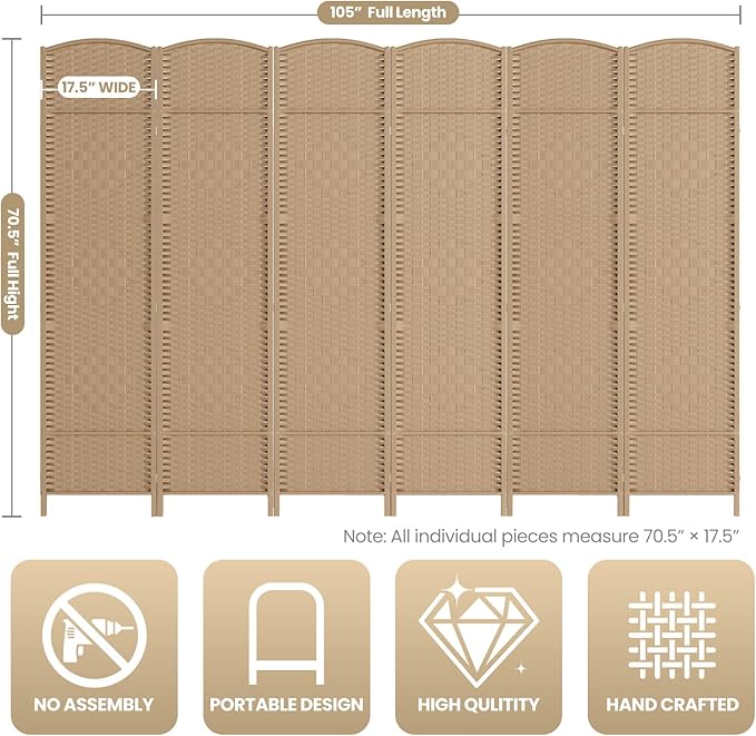 6 Panel Room Divider, 6Ft Folding Privacy Screen, Tall - Image 3