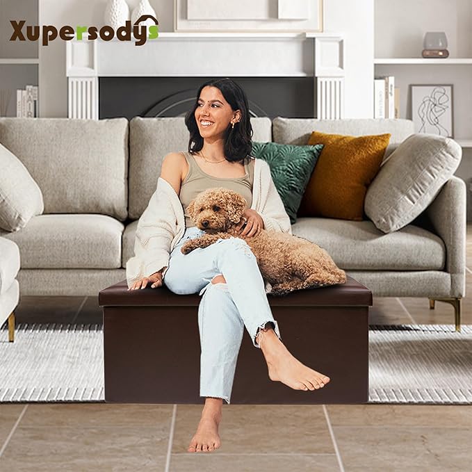 xupersodys 30 Inches Folding Storage Ottoman Bench, Faux Leather Footstool - Image 2