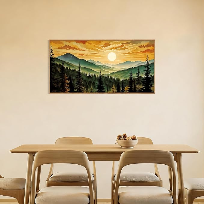 LHIUEM Large Boho Sunset Mountain Framed Canvas Wall Art, Retro Pine Tree Wall - Image 3