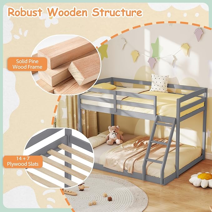 KOMFOTT Low Bunk Bed Twin Over Full, Solid Wood Twin Bed Frame - Image 5