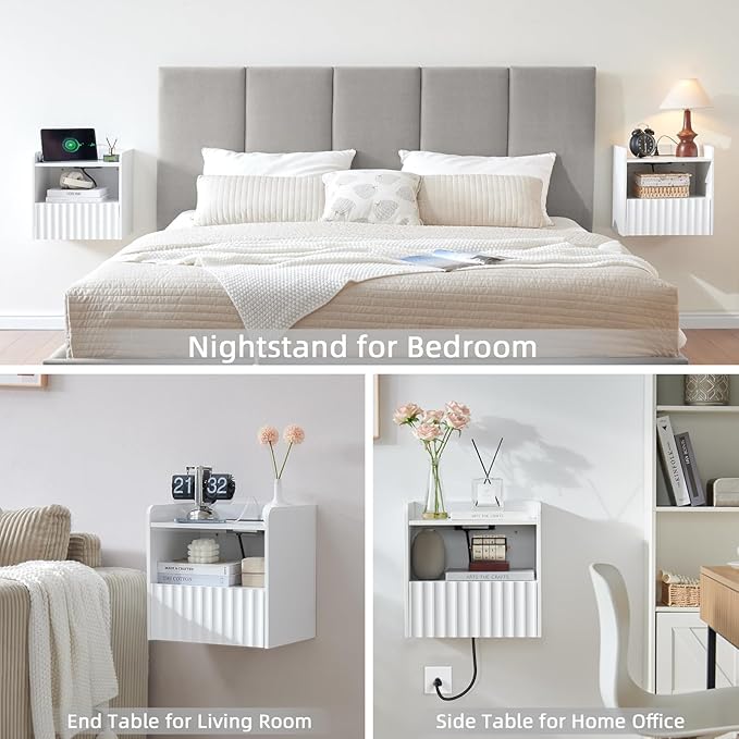 Modern Fluted Floating Nightstand Wall Mounted Set of 2- Bedside Table - Image 6