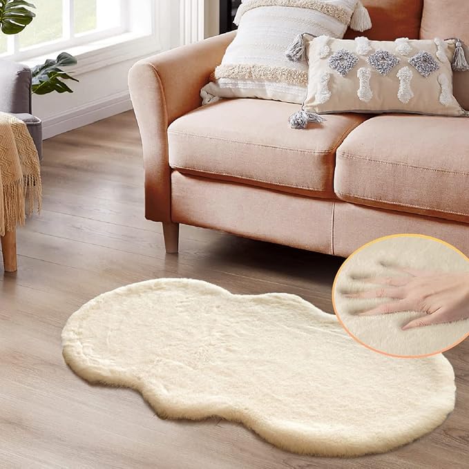Light Brown Beige Plush Faux Rabbit Shaggy Fur Area Rugs by ORINOVA