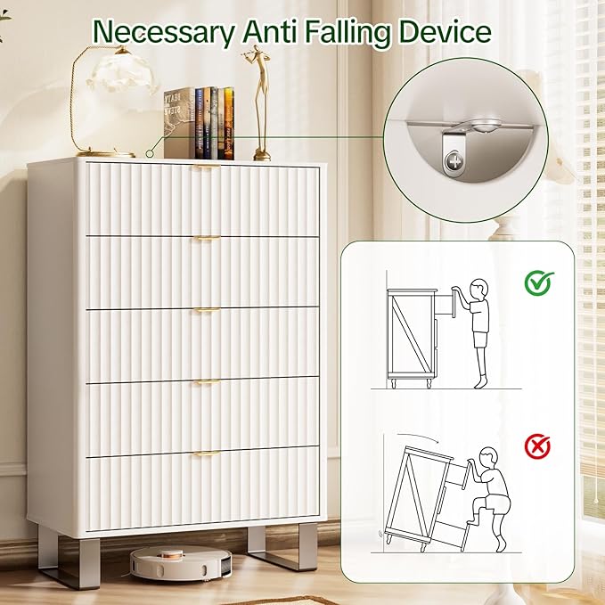 Fluted 5 Drawers Dresser, Wood Storage Organizers - Image 9