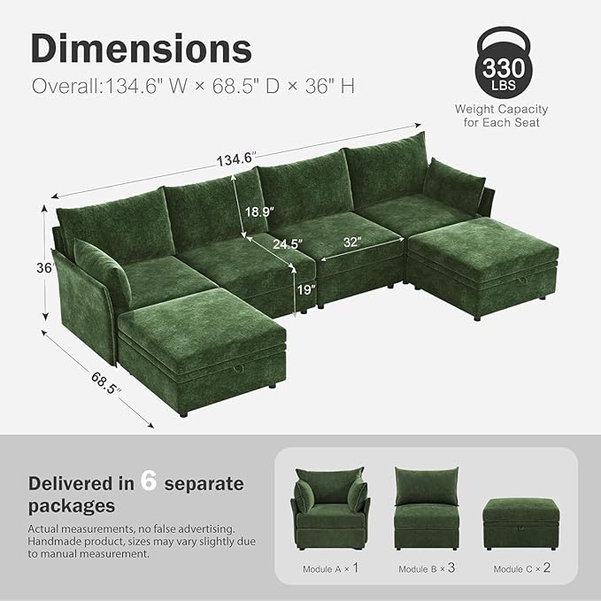 ABCASA 134.6" Oversized Modular Sectional Sofa, 6 Seater U Shaped Couch - Image 2
