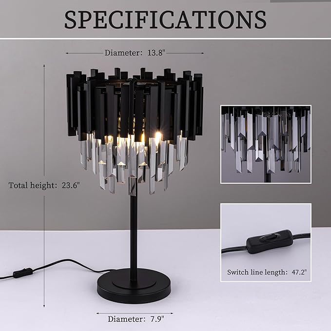 Wellmet Grey Crystal Table Lamp, 3 Lights Table Lamps - Image 4