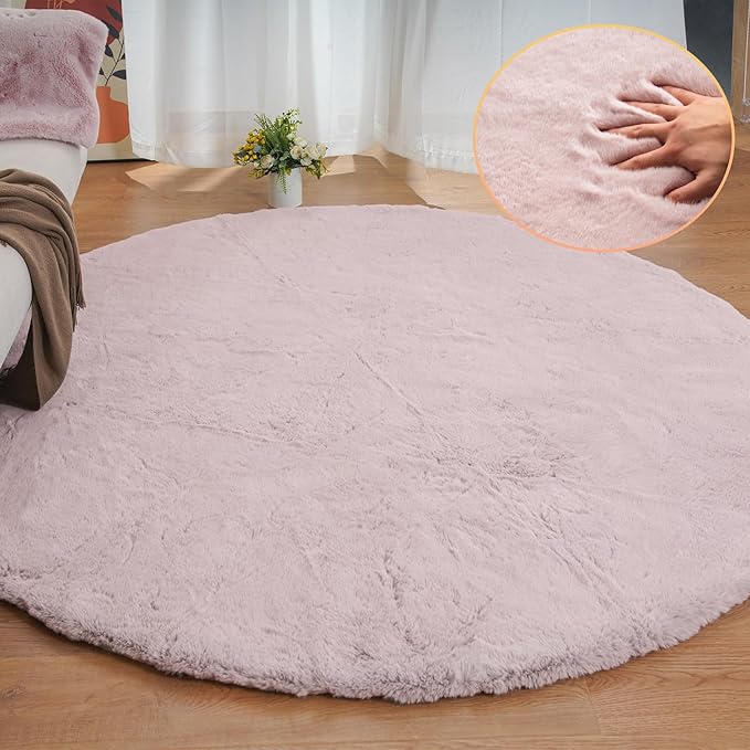 Pink Boho Round Rugs 8ft Large Fluffy Machine Washable Fuzzy Fur Area Rugs by ORINOVA