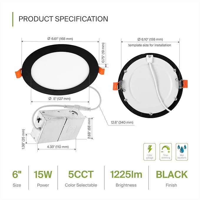 ASD 1 Pack LED Recessed Lighting 6 Inch 15W, 5 CCT 2700K-5000K CRI90+, IC Rated - Image 2