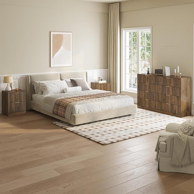 8 Drawer Dresser & Nightstand Set 3-Piece, 55” Wide Fluted Walnut Dresser and - Image 4