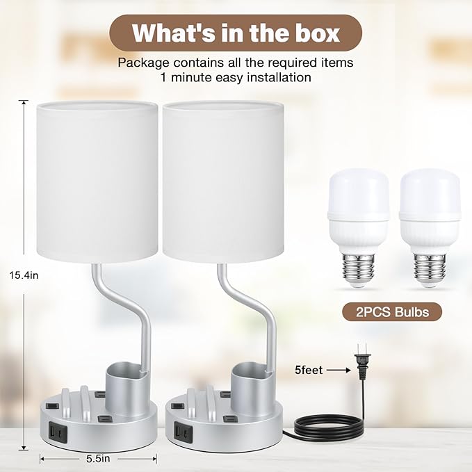 Grey Bedside Table Lamps for Bedroom Set of 2 - Image 6