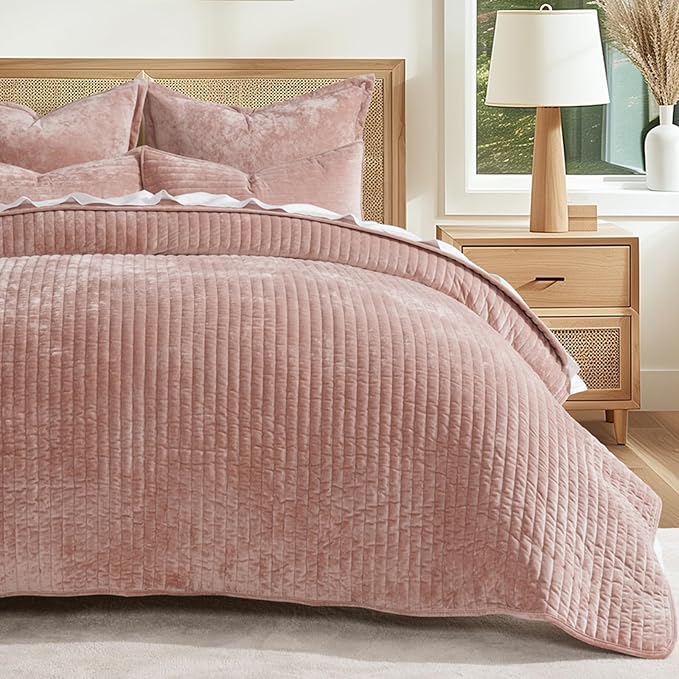 EVERGRACE Velvet Quilt Set Queen Size, Luxurious Soft Striped Channel Bedding - Image 8