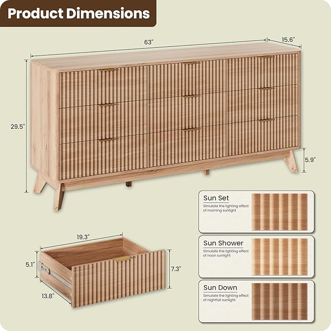 63'' Wide 9 Drawers Dresser for Bedroom, Modern Fluted Vertical Chest - Image 2