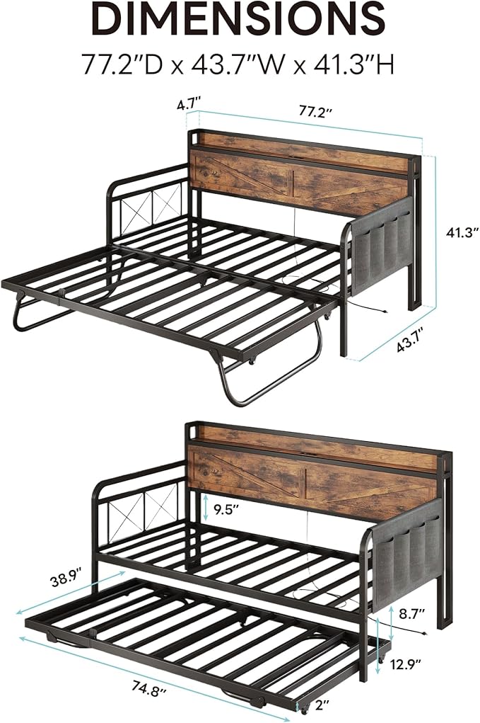 LIKIMIO Twin Daybed with Trundle Bed, Storage Headboard with Charging Station - Image 3